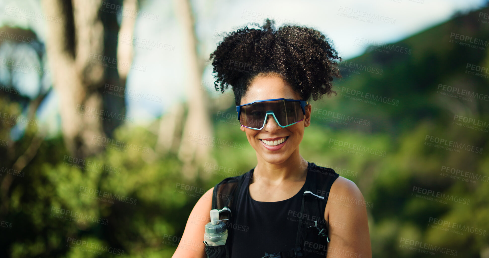 Buy stock photo Happy, nature and portrait of woman with running, workout or exercise outdoor in woods. Fitness, health and female athlete with cardio training in forest for race practice for wellness in morning.