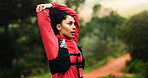 Fitness, woman and stretching in nature for health, wellness and flexibility. Sports, training and female athlete with warm up, start workout and running or summer exercise with outdoor space