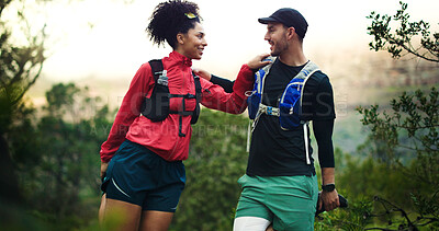 Buy stock photo Fitness, couple and stretching in nature for health, wellness and flexibility. Sports, training and athlete people with warm up, start workout and running or summer exercise for mobility together