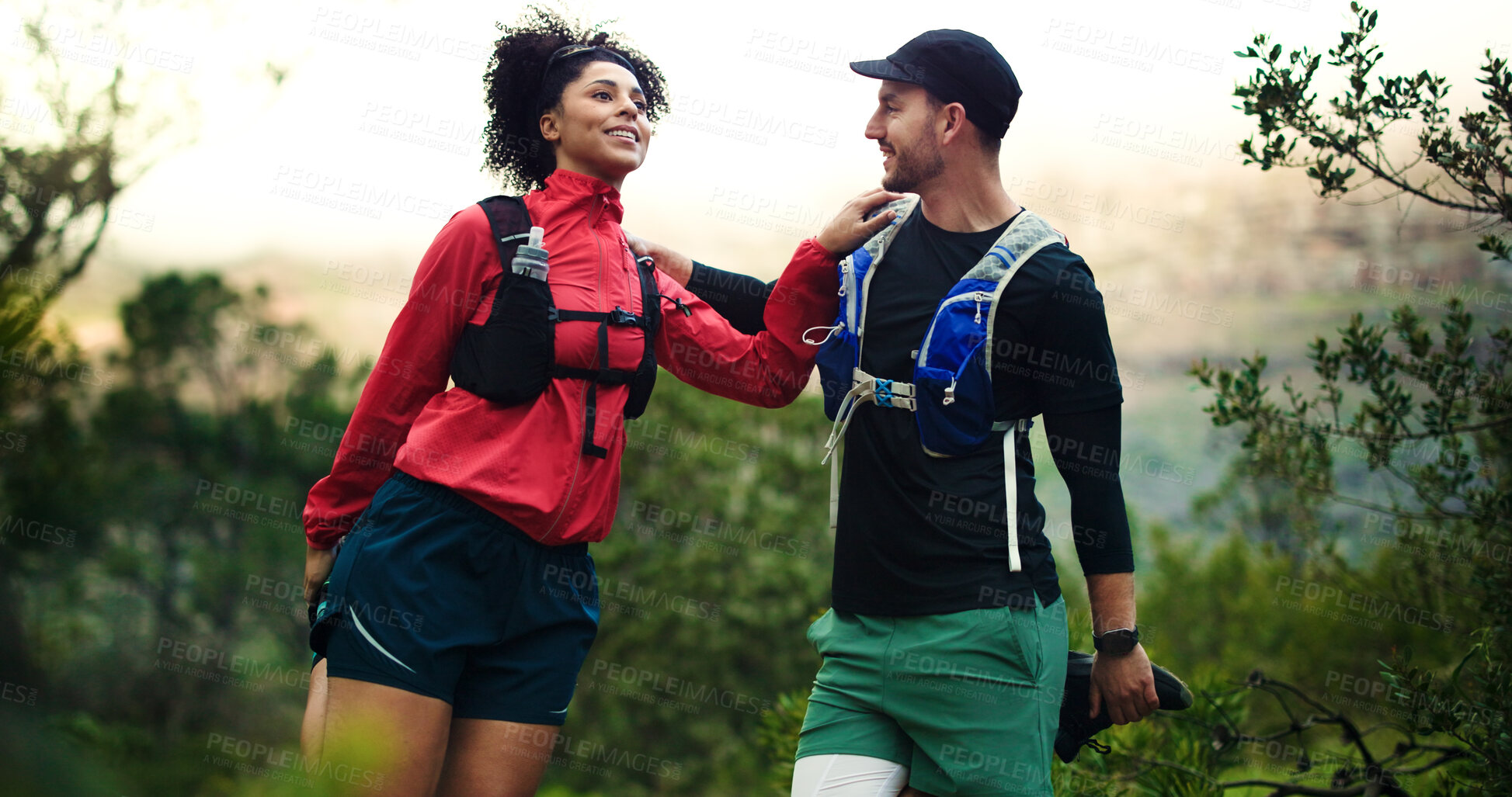 Buy stock photo Fitness, stretching or happy couple in mountains for exercise, warm up together or training dedication. Smile, support balance or people in nature for outdoor workout, resilience or health benefits