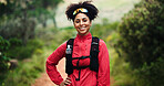 Fitness, portrait and smile of woman in forest for start of cardio training, hiking or marathon. Backpacking, exercising and trail running with happy athlete or runner outdoor in nature for challenge