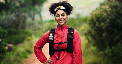 Buy stock photo Fitness, portrait and smile of woman in forest for start of cardio training, hiking or marathon. Backpacking, exercising and trail running with happy athlete or runner outdoor in nature for challenge