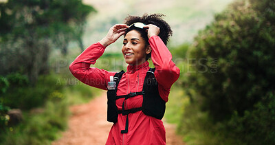 Buy stock photo Fitness, sunglasses and thinking with woman in forest for break, performance or trail running. Exercise, planning and smile of happy athlete or runner outdoor in nature for challenge, hiking or hobby