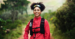 Smile, nature and portrait of woman with running, workout or training for marathon outdoor. Fitness, happy and female athlete with cardio exercise in forest for race practice for wellness in woods.