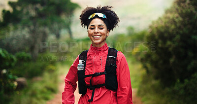 Buy stock photo Smile, nature and portrait of woman with running, workout or training outdoor in woods. Sports, happy and female athlete with cardio exercise in forest for fitness, health or wellness in woods.