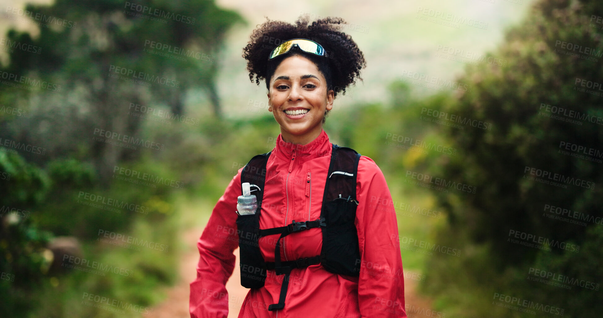 Buy stock photo Smile, nature and portrait of woman with running, workout or training outdoor in woods. Sports, happy and female athlete with cardio exercise in forest for fitness, health or wellness in woods.