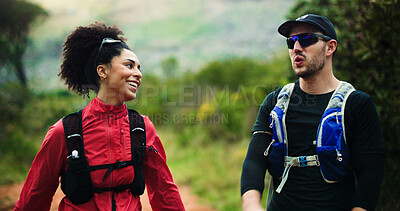 Buy stock photo Fitness, friends and runners in nature for workout, exercise conversation and smile for health. Trail running, man and woman outdoor for sports, endurance training and talking for cardio wellness