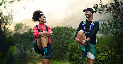 Buy stock photo Fitness, stretching or happy couple in mountains for training, warm up together or sport dedication. Smile, wellness balance or people in nature for outdoor workout, resilience or health benefits
