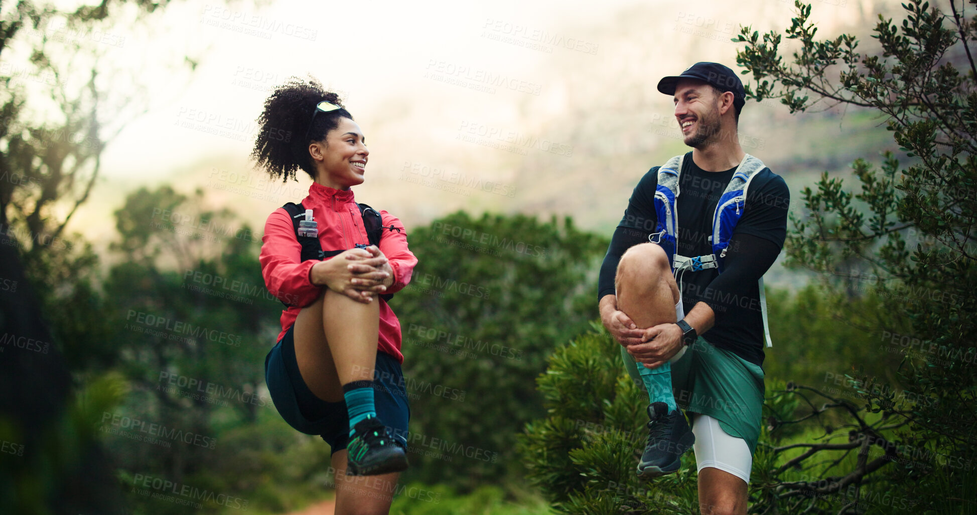 Buy stock photo Fitness, stretching or happy couple in mountains for training, warm up together or sport dedication. Smile, wellness balance or people in nature for outdoor workout, resilience or health benefits