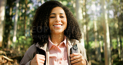 Buy stock photo Happy woman, portrait and forest with backpack for hiking, adventure or explore outdoor wilderness. Female person, hiker or smile with bag or trees in nature for trekking journey or travel in woods