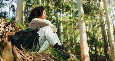 Buy stock photo Reflection, happy woman and relax in woods for rest, backpacking or morning hiking for travel. Break, thinking and person with smile in forest for nature getaway, ecotourism or scenic holiday.