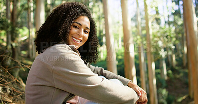 Buy stock photo Happy woman, portrait or relax in forest for nature adventure, holiday or excited for sightseeing. Morning travel, hiking or person with smile in woods, explore or wellness trip for outdoor exercise