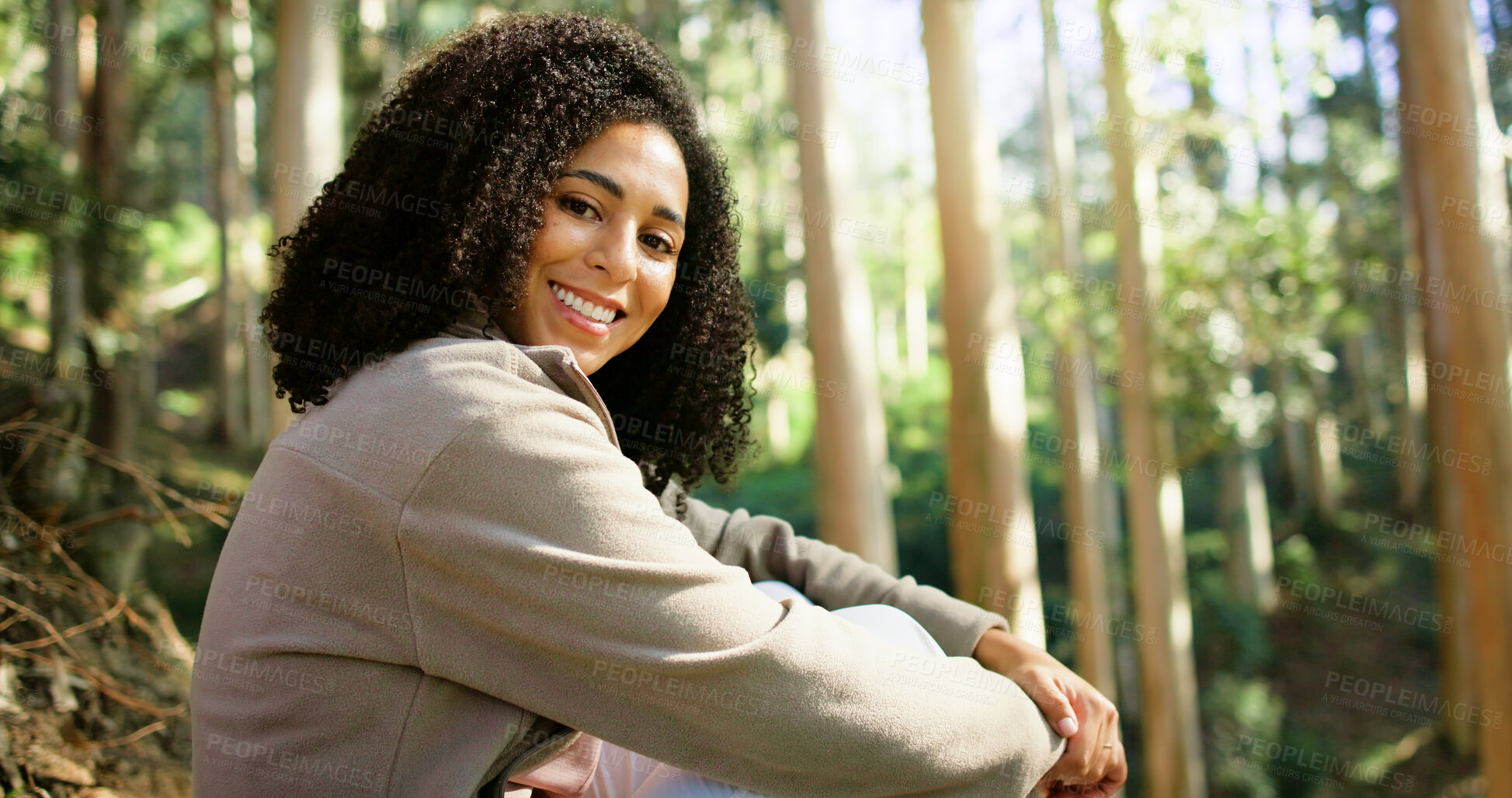 Buy stock photo Happy woman, portrait or relax in forest for nature adventure, holiday or excited for sightseeing. Morning travel, hiking or person with smile in woods, explore or wellness trip for outdoor exercise