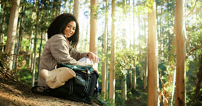 Buy stock photo Woman, smile and break for hiking in forest with backpack, pride and outdoor for summer adventure. Person, happy and relax for portrait, journey or trekking in woods for nature tourism in Costa Rica