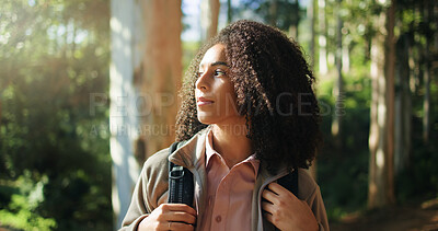 Buy stock photo Thinking, hiking and woman in forest for holiday, eco tourism or adventure in nature. Vacation, trekking and African person in woods for trip, travel and reflection in environment for sightseeing