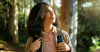 Buy stock photo Thinking, hiking and woman in woods for holiday, eco tourism or adventure in nature. Vacation, backpacking and African person in forest for trip, travel and reflection in environment for sightseeing