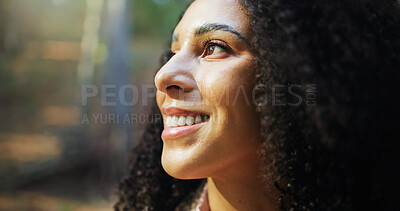 Buy stock photo Face, smile and thinking with woman outdoor for fresh air, inspiration or opportunity as hiker. Future, hope and space with happy person in nature for adventure, hiking or journey as traveler