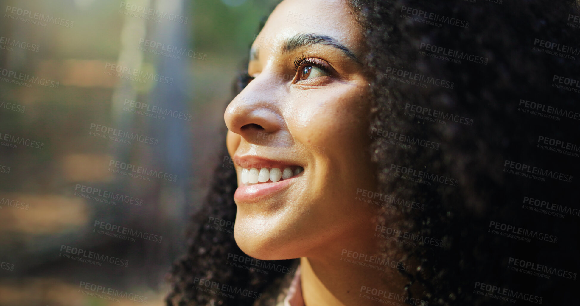 Buy stock photo Face, smile and thinking with woman outdoor for fresh air, inspiration or opportunity as hiker. Future, hope and space with happy person in nature for adventure, hiking or journey as traveler