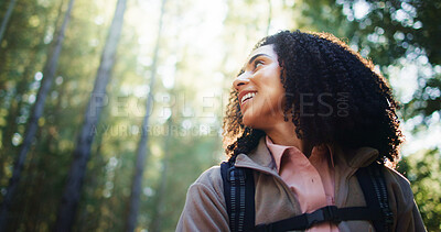 Buy stock photo Reflection, hike and woman in forest with break, bokeh or sightseeing on international trip. Low angle, explore and tourist in woods with thinking, trekking journey or escape in Alaska rainforest