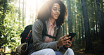 Hiking, break and woman with phone in forest for direction guide, check map and travel adventure. Trekking, hiker and relax with smartphone in nature for online navigation, search landmark or texting
