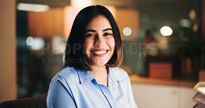 Buy stock photo Professional, woman or bokeh in office with portrait, onboarding or talent acquisition in company. Happy, corporate or person in business with smile, HR manager or night consultant for organization.