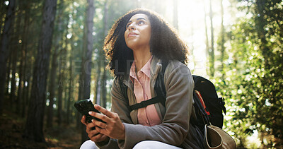 Buy stock photo Hiking, thinking and girl with phone in forest for location search, check map or travel adventure. Low angle, hiker and reflection with smartphone in nature for direction navigation or trekking break