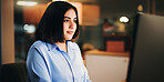 Computer, night and search with business woman at desk in office for online planning or research. Deadline, internet and typing with employee person at work for evening overtime to finish assignment