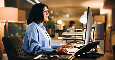 Buy stock photo Computer, night and research with business woman at desk in office for online planning or typing. Deadline, pc and search with employee person at work for evening overtime to finish assignment