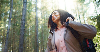 Buy stock photo Happy, woman and thinking for hiking in forest for travel, adventure ideas and holiday reflection. Below, female person and thoughts for trekking vision, backpacking journey and sightseeing in nature