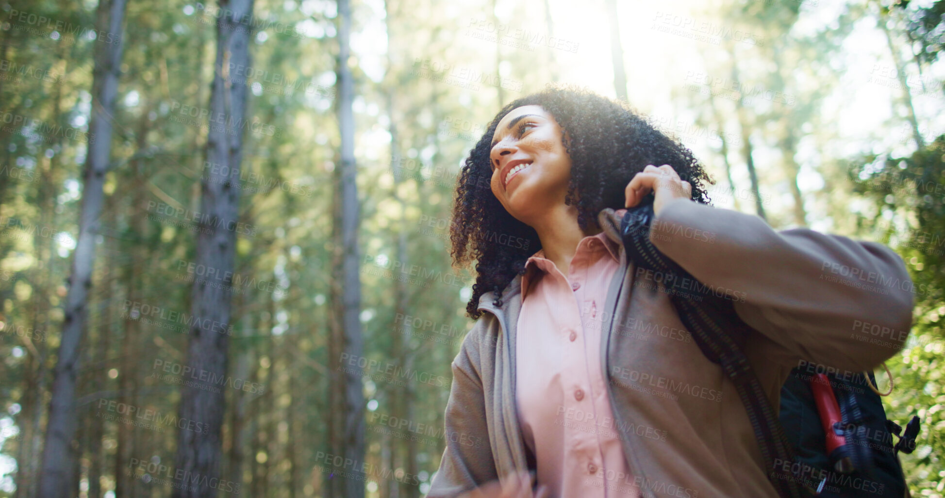 Buy stock photo Happy, woman and thinking for hiking in forest for travel, adventure ideas and holiday reflection. Below, female person and thoughts for trekking vision, backpacking journey and sightseeing in nature