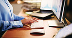 Woman, hands and typing at computer for business, data analysis and accounting in office. Accountant, keyboard and tech in agency with stats, financial information and administration with software