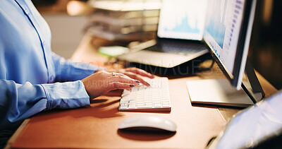 Buy stock photo Woman, hands and typing at computer for business, data analysis and accounting in office. Accountant, keyboard and tech in agency with stats, financial information and administration with software