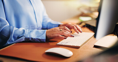 Buy stock photo Hands, business or woman with computer, internet or research for news report, editing or submission. Person, planning or journalist in office, pc or review article with copywriting or creative agency