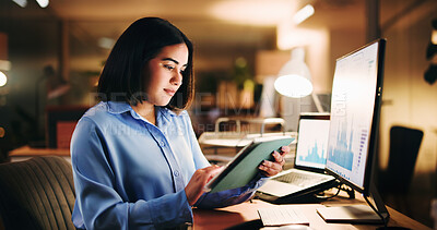 Buy stock photo Tablet, graphs or woman with stock market data, research or scrolling in office for profit. Digital, network or analyst in finance with computer, screen and investment in business for progress report