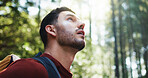 Thinking, hiking and man in woods for adventure, eco tourism or holiday with space. Profile, trekking and person in forest for outdoor trip, travel and reflection for wanderlust with bokeh in nature