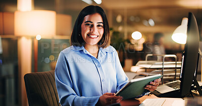 Buy stock photo Tablet, woman and night in office with portrait, accountant or financial manager with smile. Bookkeeping, technology and business person with computer, overtime research and administration agency