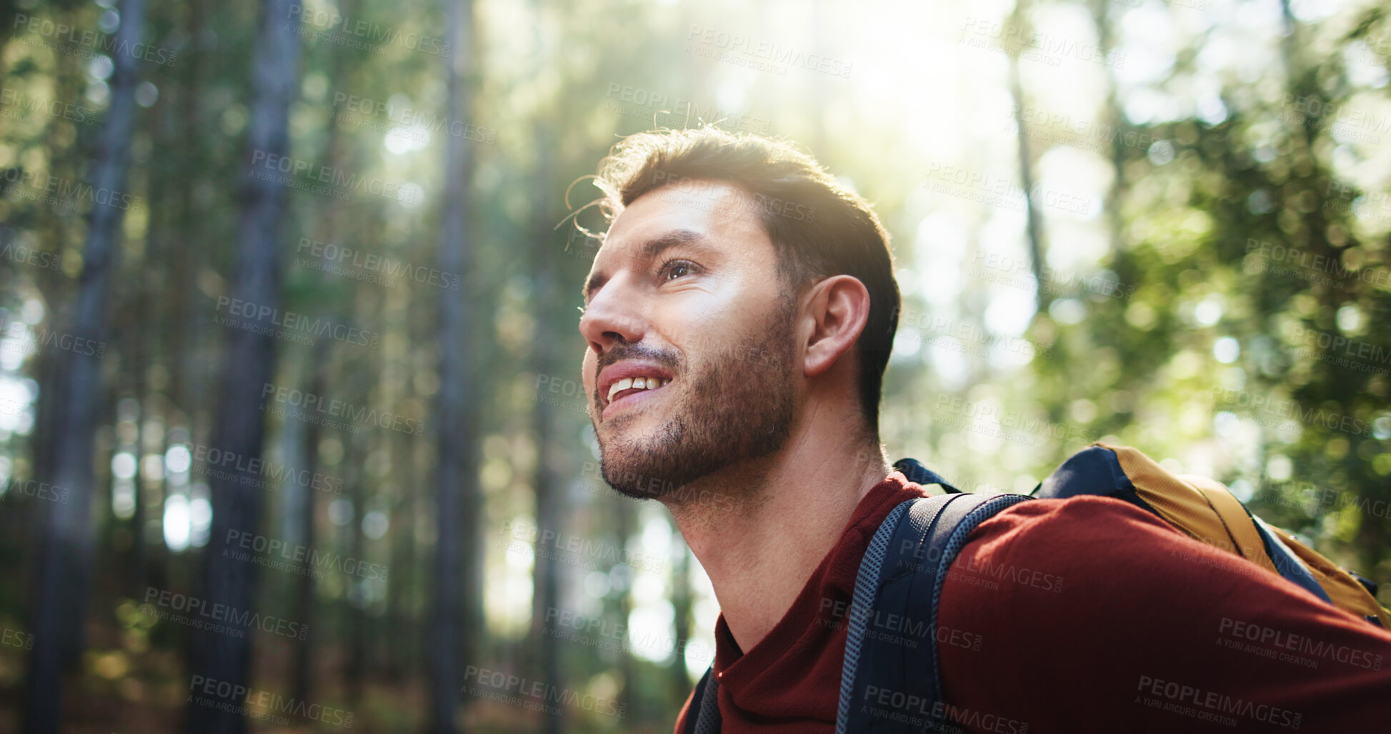 Buy stock photo Thinking, hiking and man in forest for adventure, eco tourism or holiday with space. Smile, trekking and person in woods for outdoor trip, travel and reflection for wanderlust with bokeh in nature