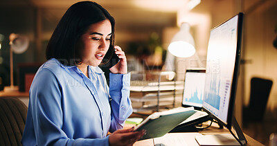 Buy stock photo Business, night and woman with tablet, phone call and checklist for investment portfolio. Evening, person and employee in office, tech and smartphone for communication, app or stock market exchange