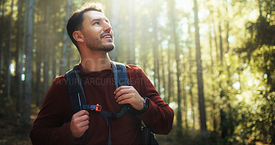 Buy stock photo Happy man, hiking and forest with backpack in nature for outdoor adventure in wilderness. Male person, hiker or smile with bag, sunshine or trees for trekking journey, exploration or sightseeing