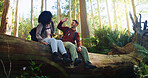 Couple, high five and celebration with hiking in forest with adventure, goal or achievement on log. Man, woman and trust in relationship with motivation, happy and success with cheers for trekking
