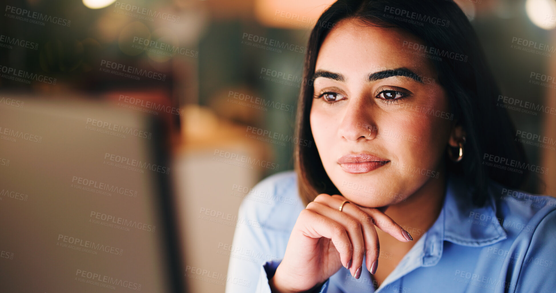Buy stock photo Computer, night and reading with business woman at desk in office for online planning or research. Deadline, pc and thinking with employee person in workplace for evening or overtime assignment