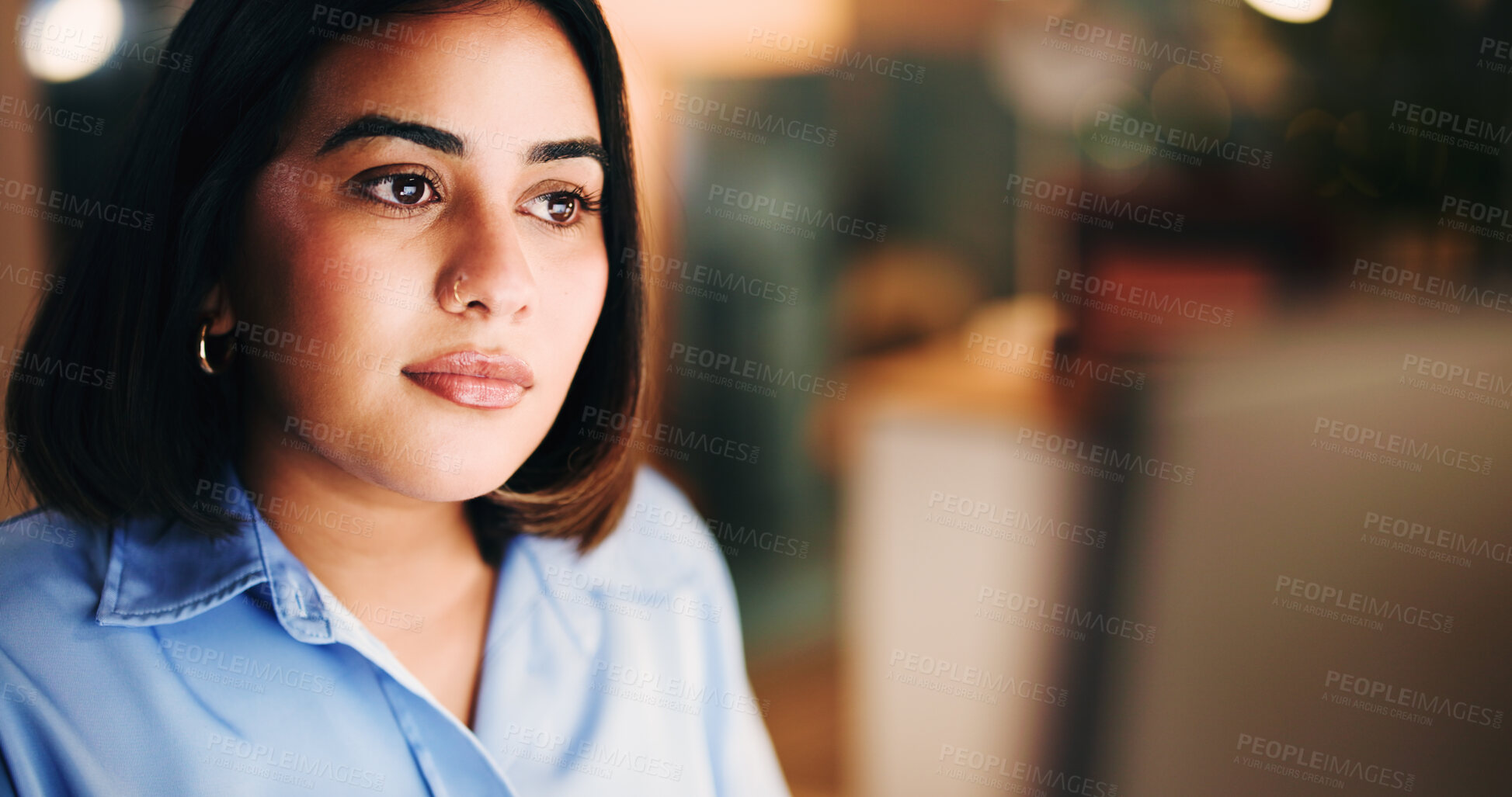 Buy stock photo Computer, reading and planning with business woman in office for trading analyst, research and night. Investment, overtime and stock broker with person for bokeh and digital portfolio and space