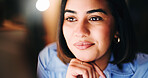 Computer, reading and research with business woman in office for trading analyst, planning and night. Investment insight, overtime and stock broker with person for bokeh and digital portfolio