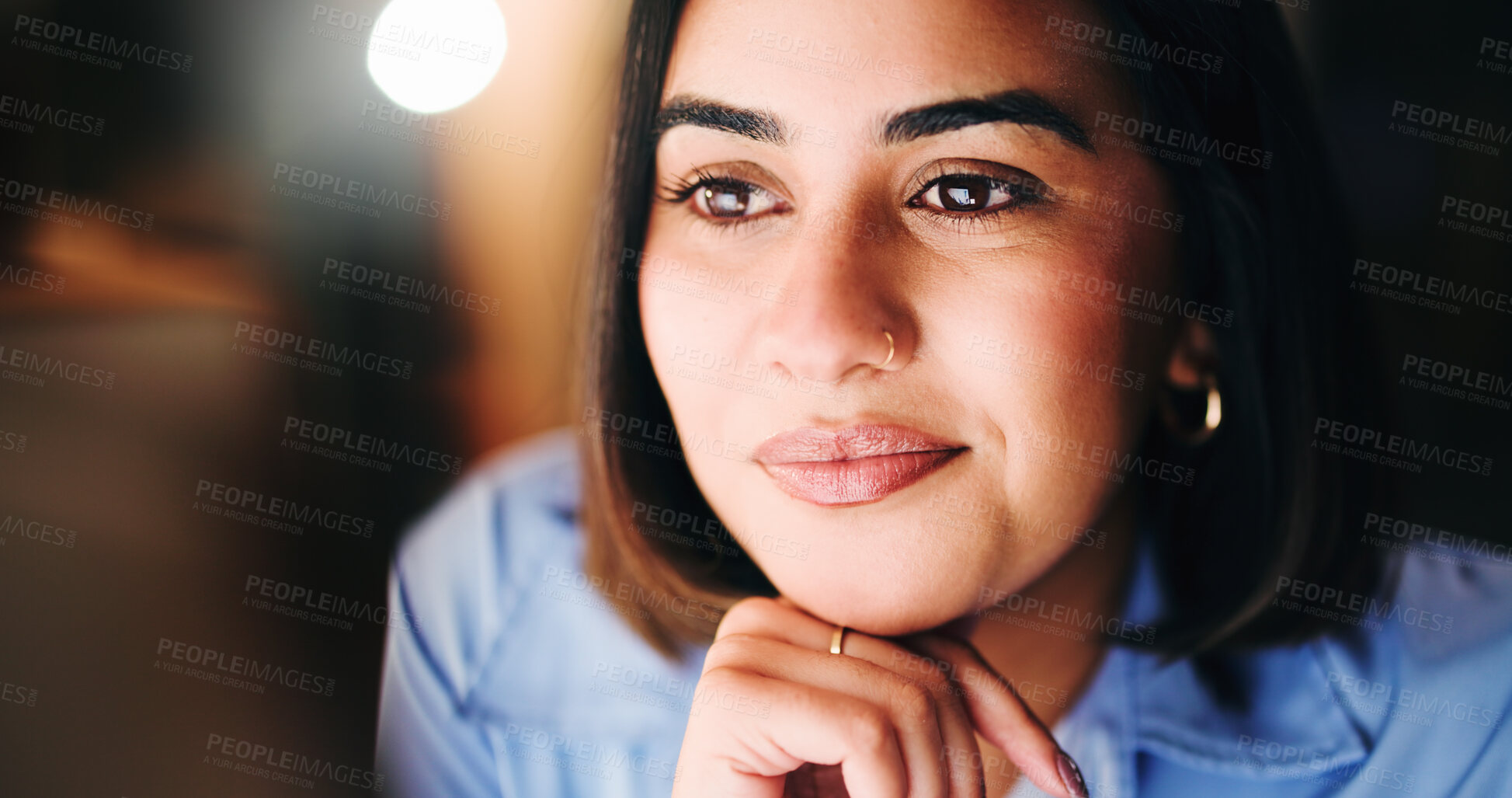 Buy stock photo Computer, reading and research with business woman in office for trading analyst, planning and night. Investment insight, overtime and stock broker with person for bokeh and digital portfolio