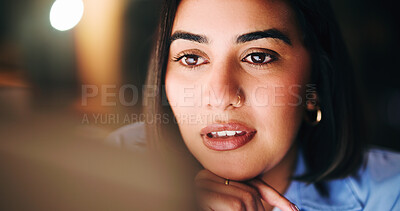Buy stock photo Computer, planning and research with business woman in office for trading analyst, reading and night. Investment insight, overtime and stock broker with person for bokeh and digital portfolio