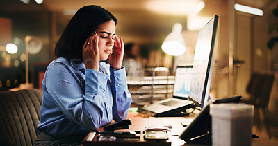 Buy stock photo Business, night and woman with headache, stress and financial agency with pain, burnout and anxiety. Evening, person and broker in office, migraine and overwhelmed with fatigue, pressure and tension