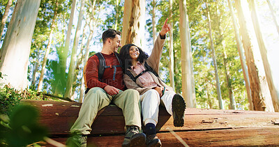 Buy stock photo Couple, hiking and point in forest for break, relax and smile on log for sightseeing on travel in summer. Happy woman, man and interracial relationship for trekking, excited and low angle in woods