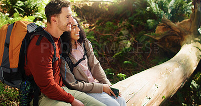 Buy stock photo Hug, hikers and couple in nature, relax and break on adventure, forest or love on holiday. People, man and woman with smartphone, embrace and outdoor space on vacation, journey or backpacking