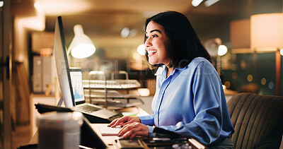 Buy stock photo Excited, employee and woman with computer, office or happy for data increase at night, stats or web. Success, accountant or financial analysis with tech, dark and person with digital info in business