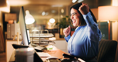 Buy stock photo Excited, winner and woman with computer, office or happy for project at night, employee and success. Online, accountant and financial report with tech, dark and person with achievement and win on web